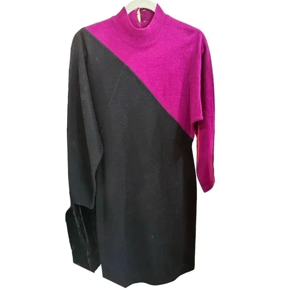 Vintage Pink & Black Colorblock Mock Neck Sweater Dress Size Petites M